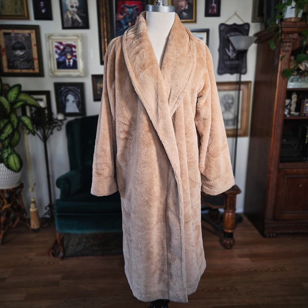 World Market Faux Fur Coat Camel Tan Teddy Long Robe Jacket Oversized Plush O/S
